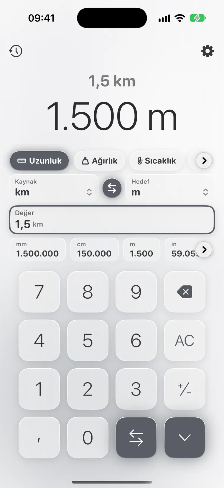 iPhone'da Calcie, “Birimler” modu