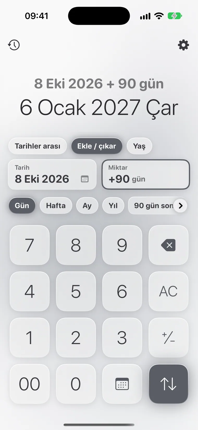 iPhone'da Calcie, “Tarihler” modu