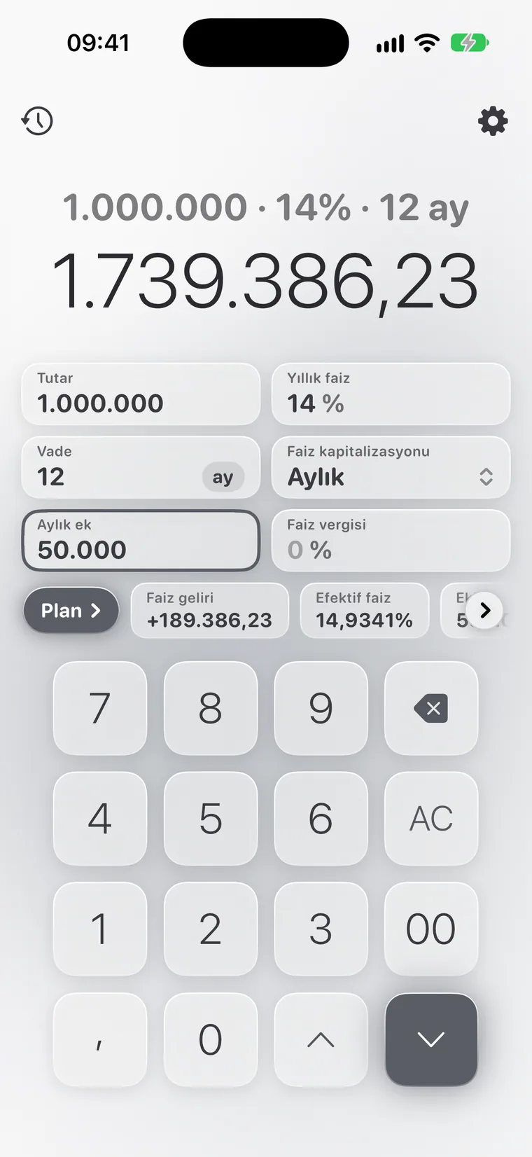 iPhone'da Calcie, “Mevduat” modu