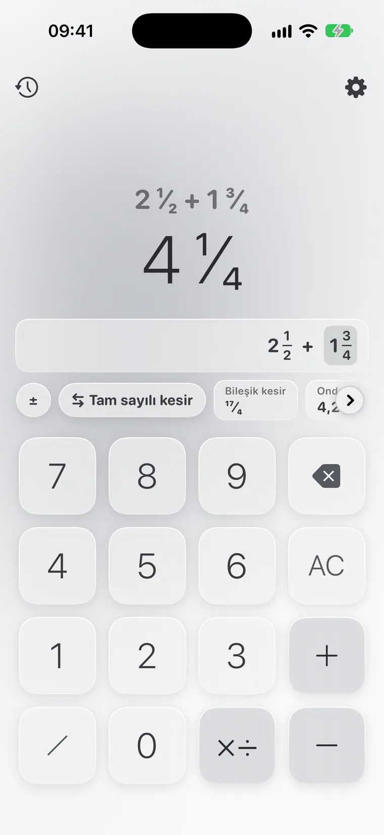 iPhone'da Calcie, “Kesirler” modu