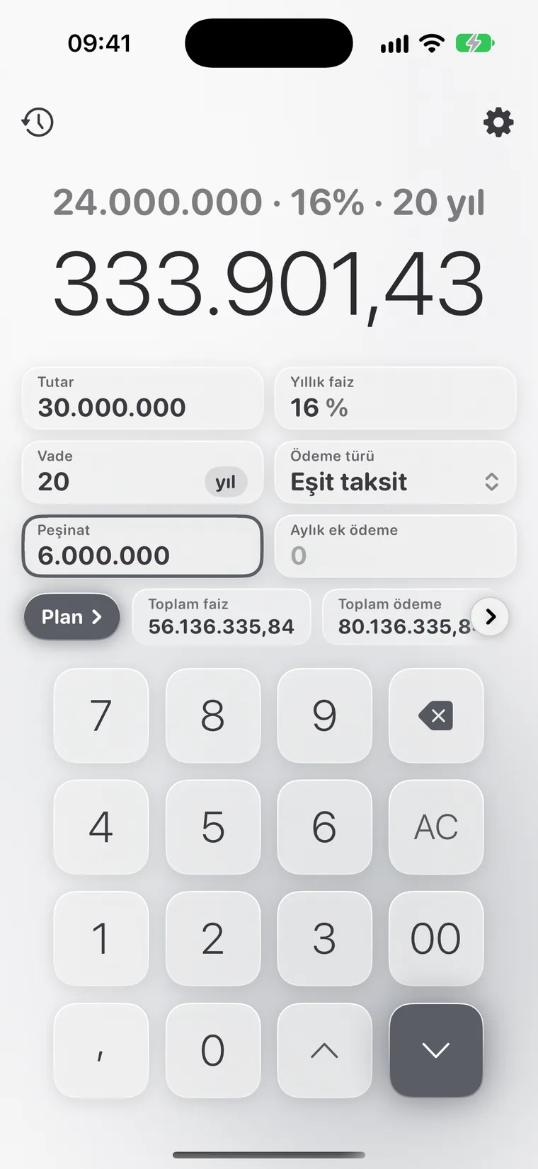 iPhone'da Calcie, “Kredi” modu