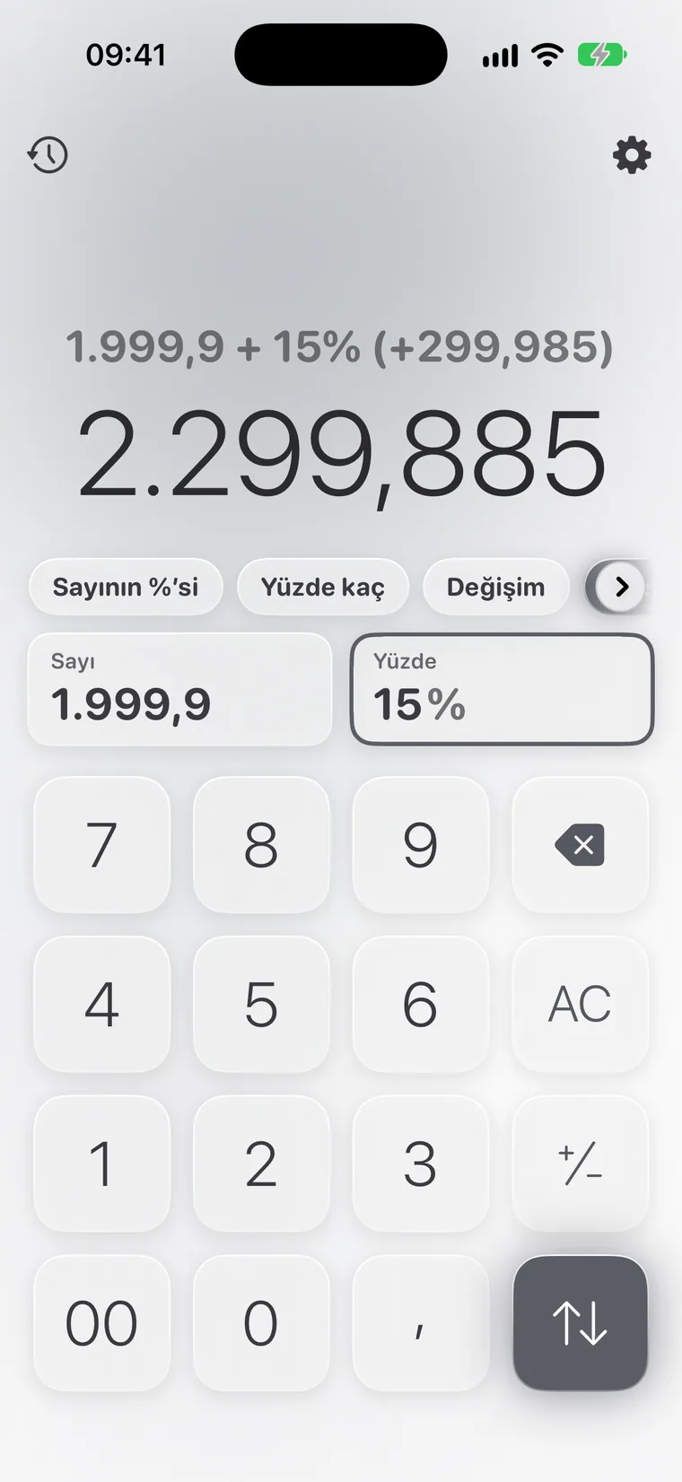 iPhone'da Calcie, “Yüzde” modu