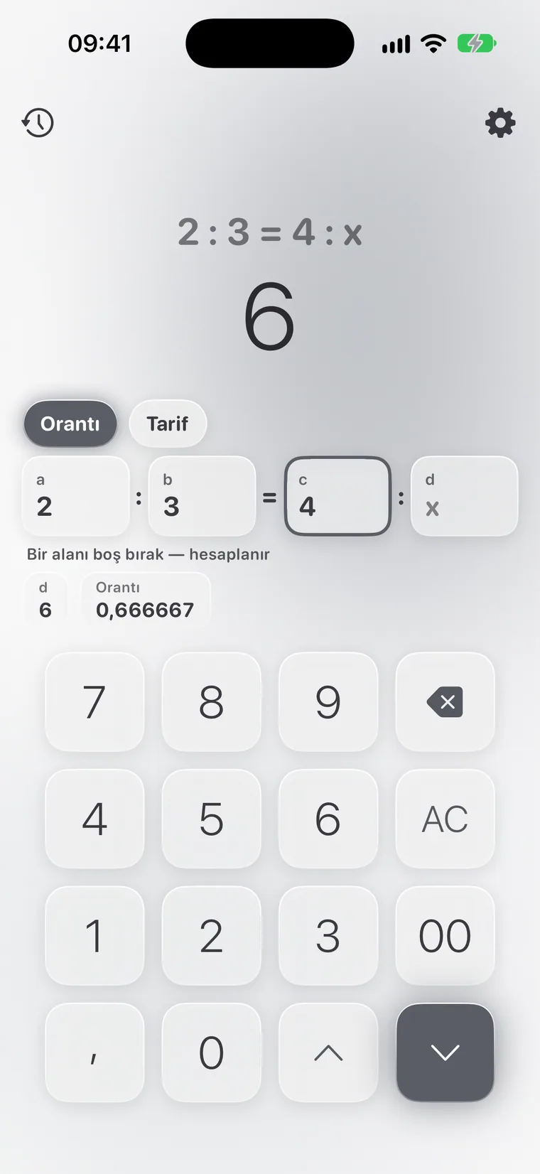 iPhone'da Calcie, “Orantı” modu