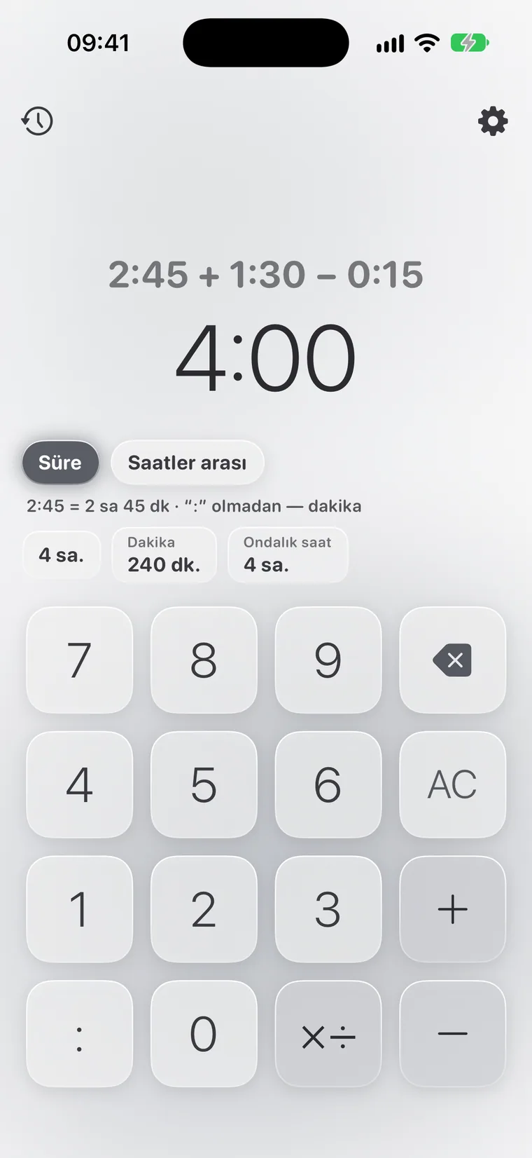 iPhone'da Calcie, “Zaman” modu