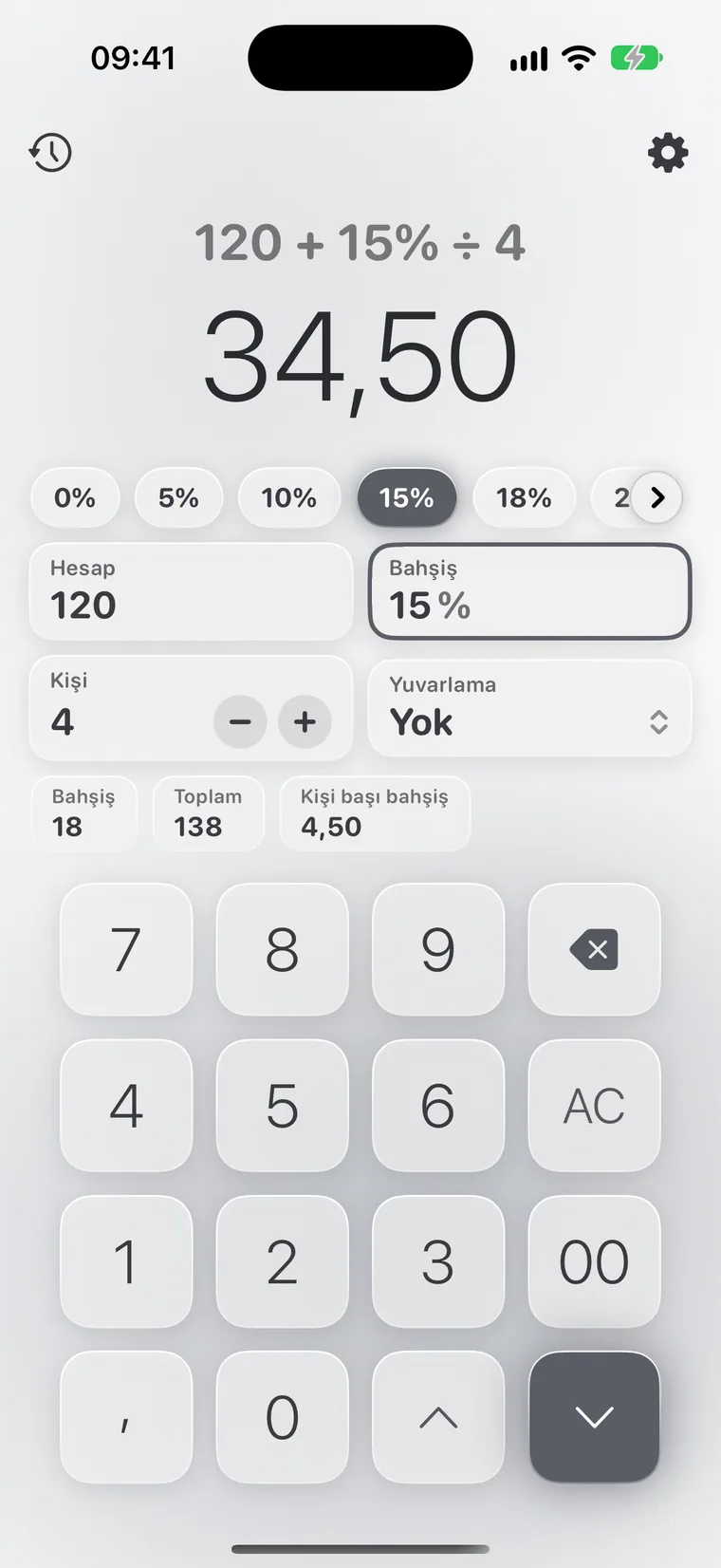 iPhone'da Calcie, “Bahşiş” modu