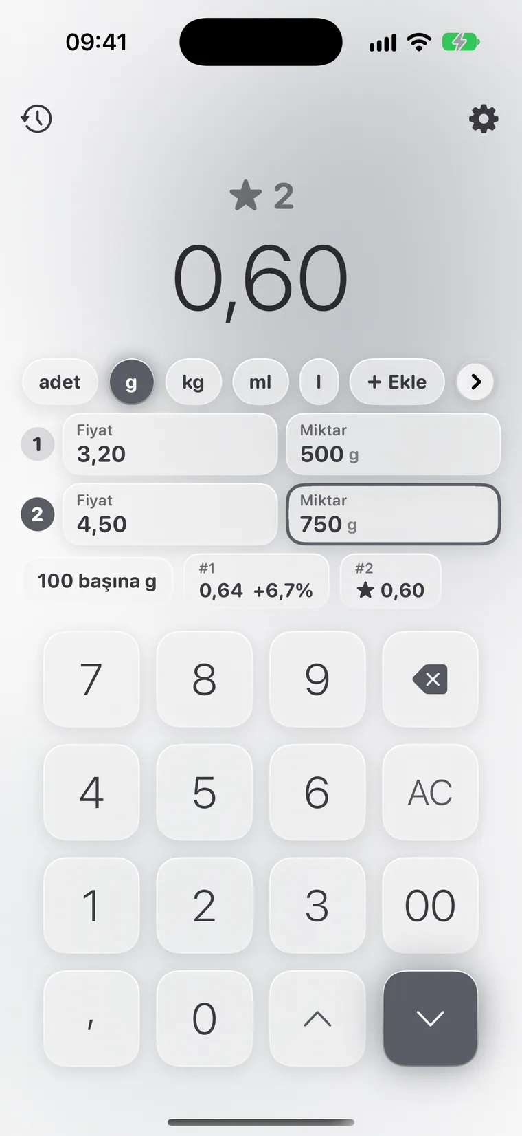 iPhone'da Calcie, “Birim fiyat” modu