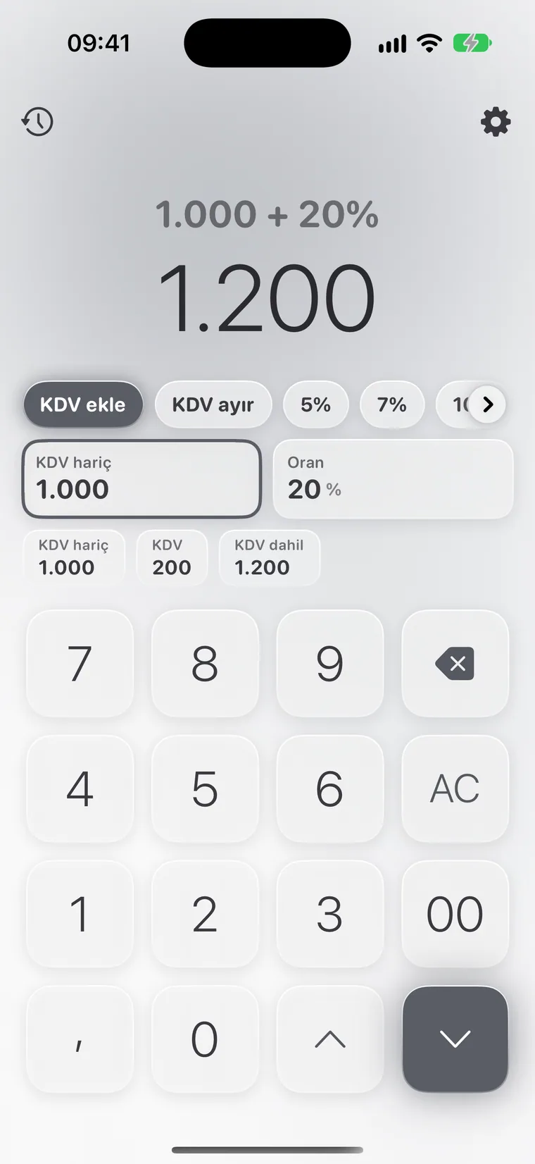 iPhone'da Calcie, “KDV” modu