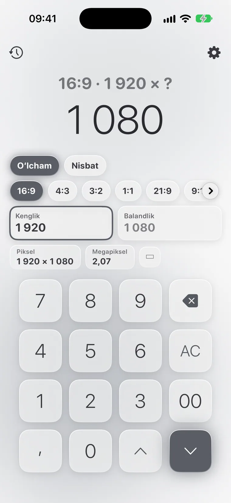 iPhone’dagi Calcie, “Tomonlar nisbati” rejimi