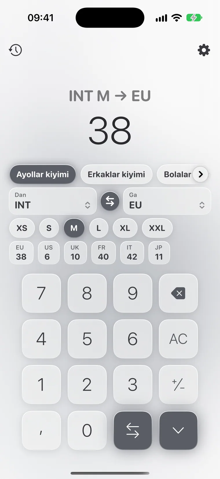 iPhone’dagi Calcie, “O‘lchamlar” rejimi