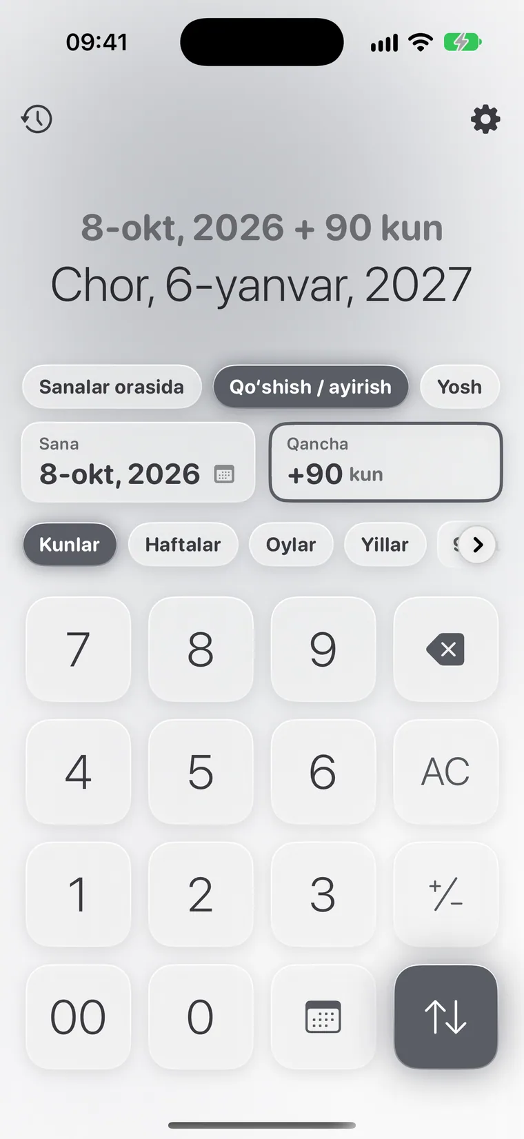 iPhone’dagi Calcie, “Sanalar” rejimi