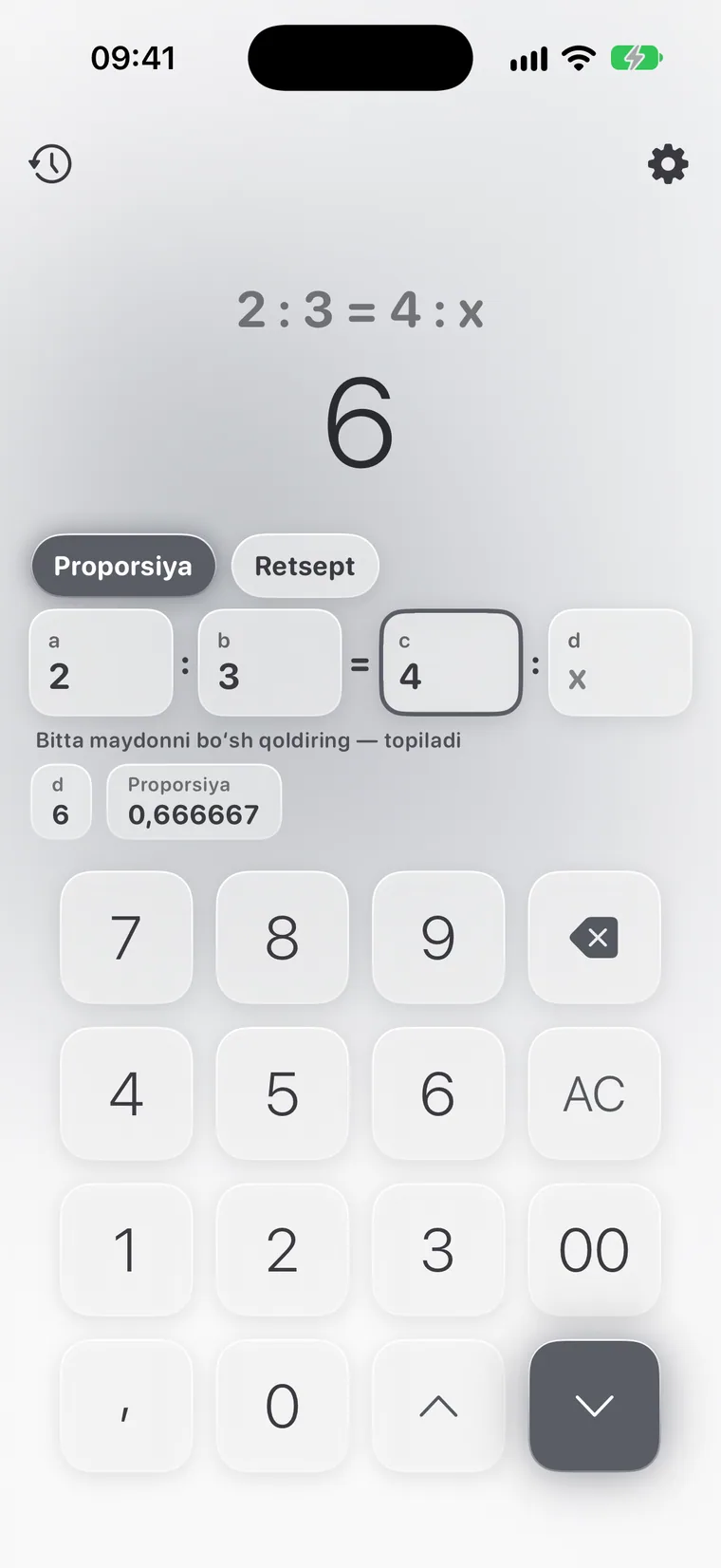 iPhone’dagi Calcie, “Proporsiyalar” rejimi