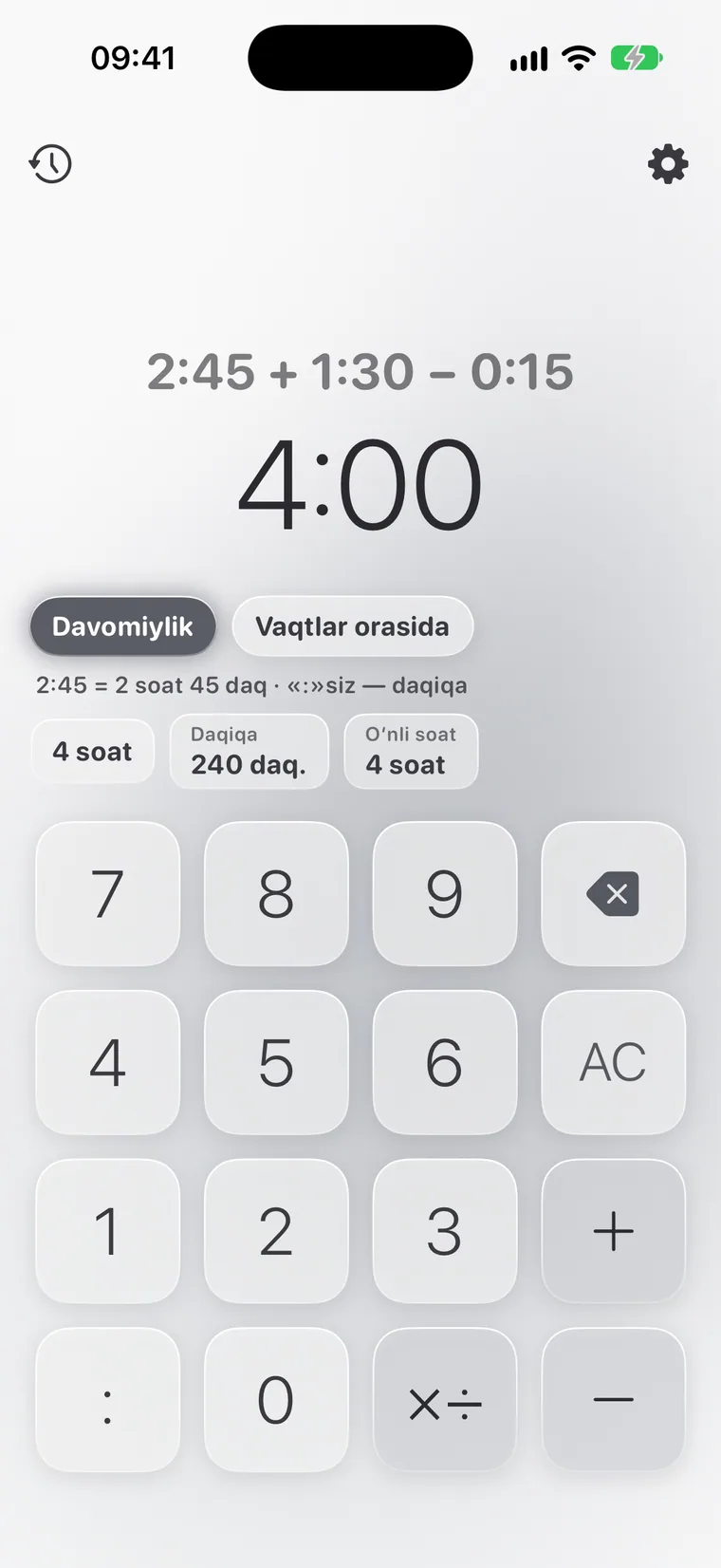 iPhone’dagi Calcie, “Vaqt” rejimi
