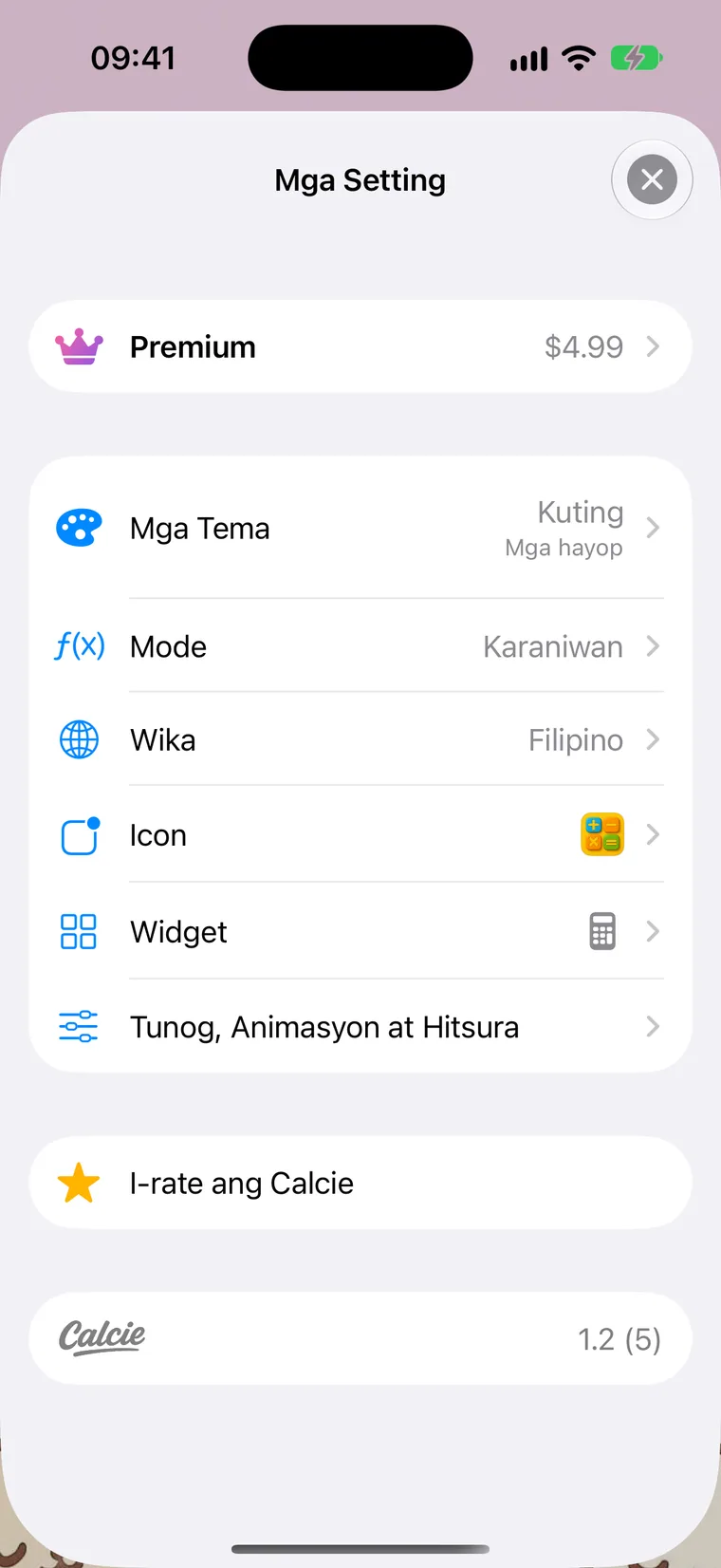 Ang screen ng Mga Setting