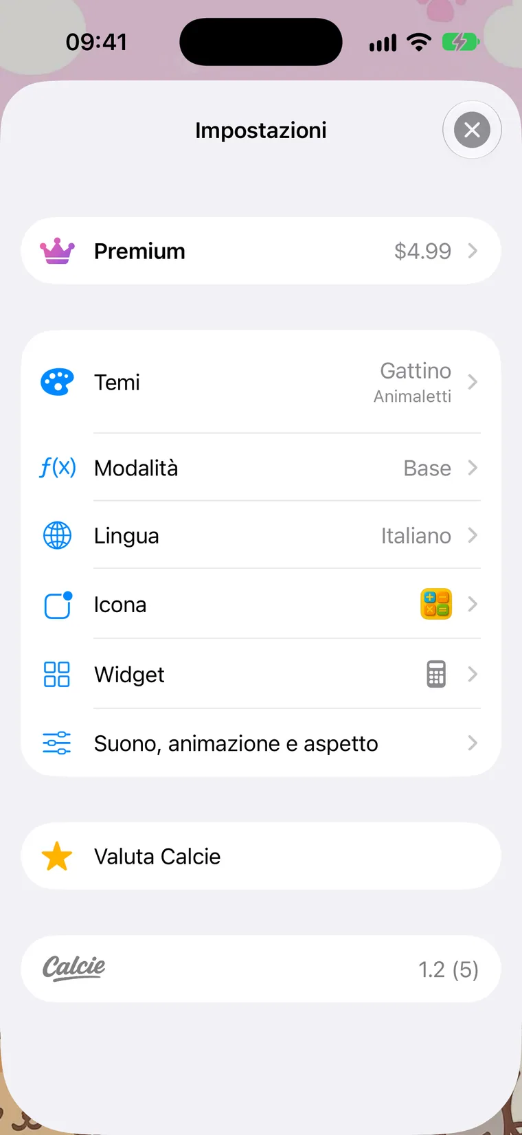 La schermata Impostazioni