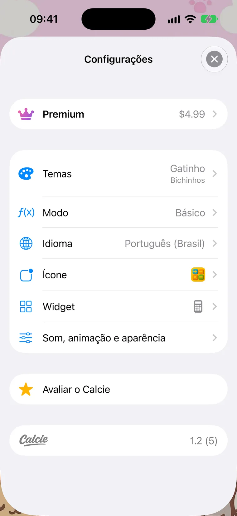 A tela de Configurações